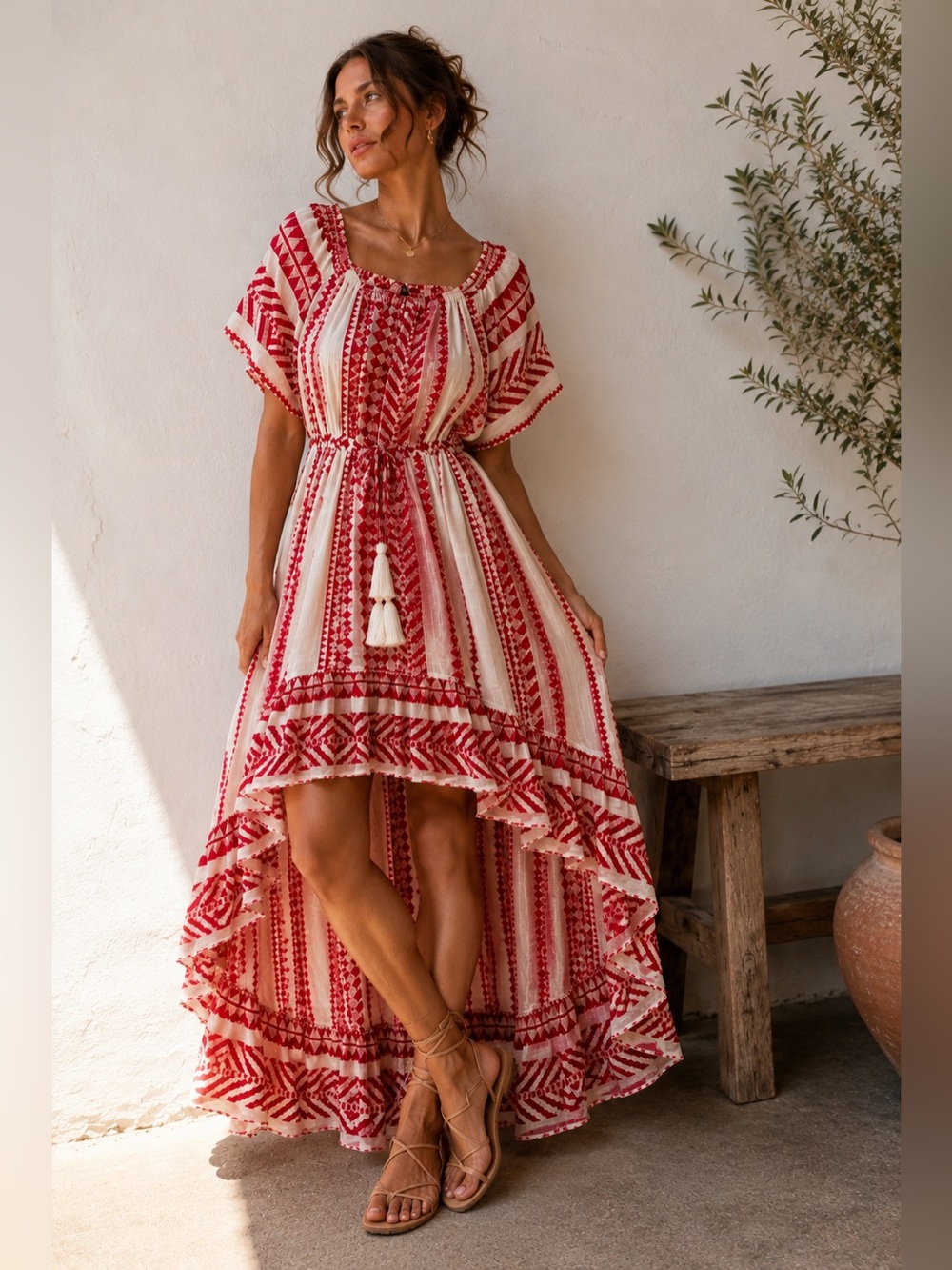 Like new! Devotion Red & White Embroidered High-Low Cotton Maxi Dress – Size S